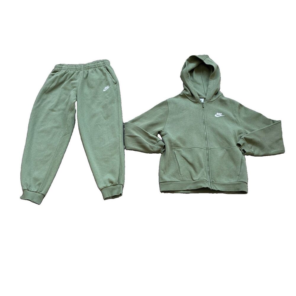Nike 2 Pc Sportswear Club Fleece Full Zip Jogger Set Sweatsuit Hoodie Oil Green